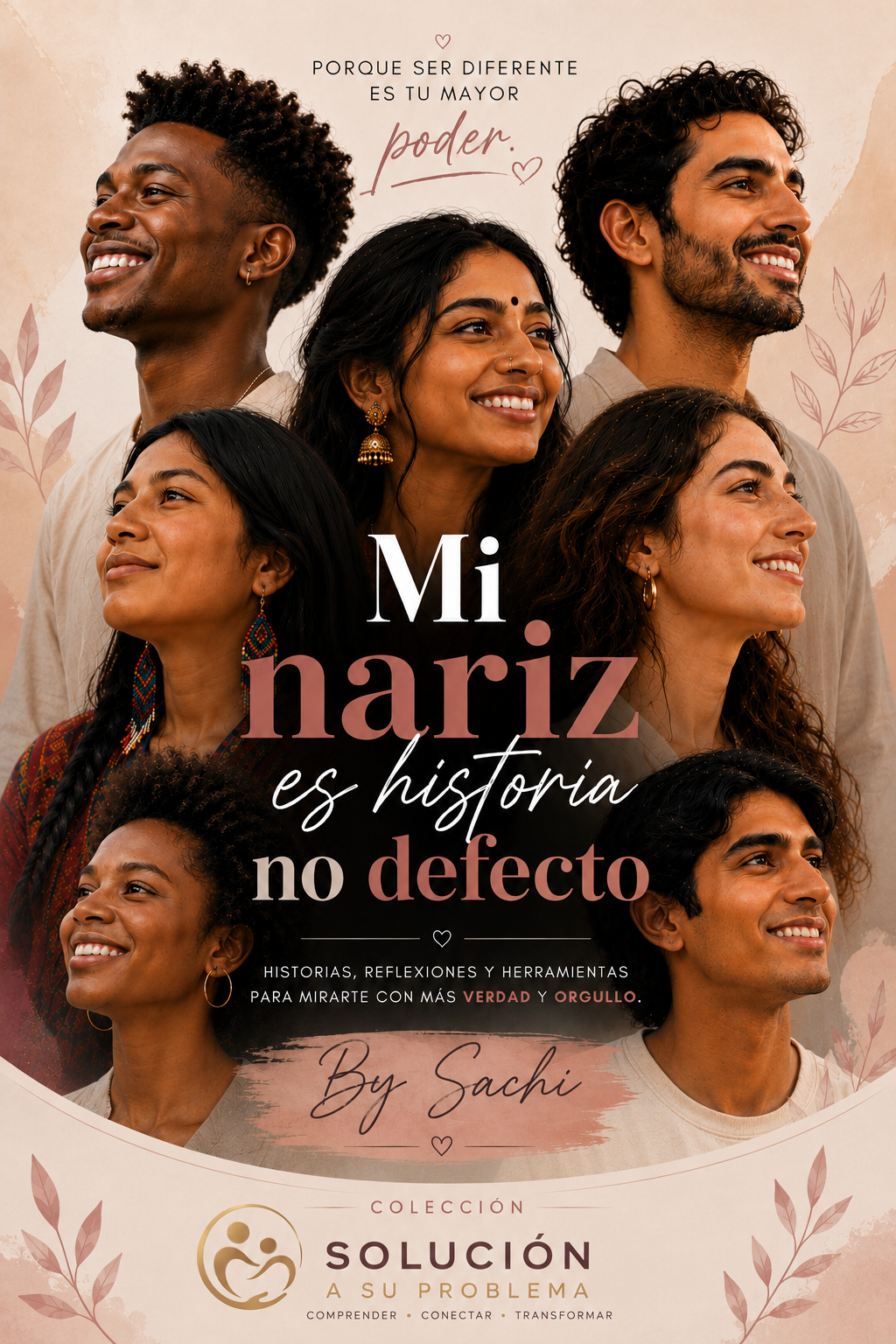 Libro emocional “Mi Nariz es Historia, No Defecto”. Portada artística con personas de diferentes rasgos y etnias sonriendo con confianza, enfocada en autoestima, aceptación facial, amor propio y orgullo por la identidad personal.