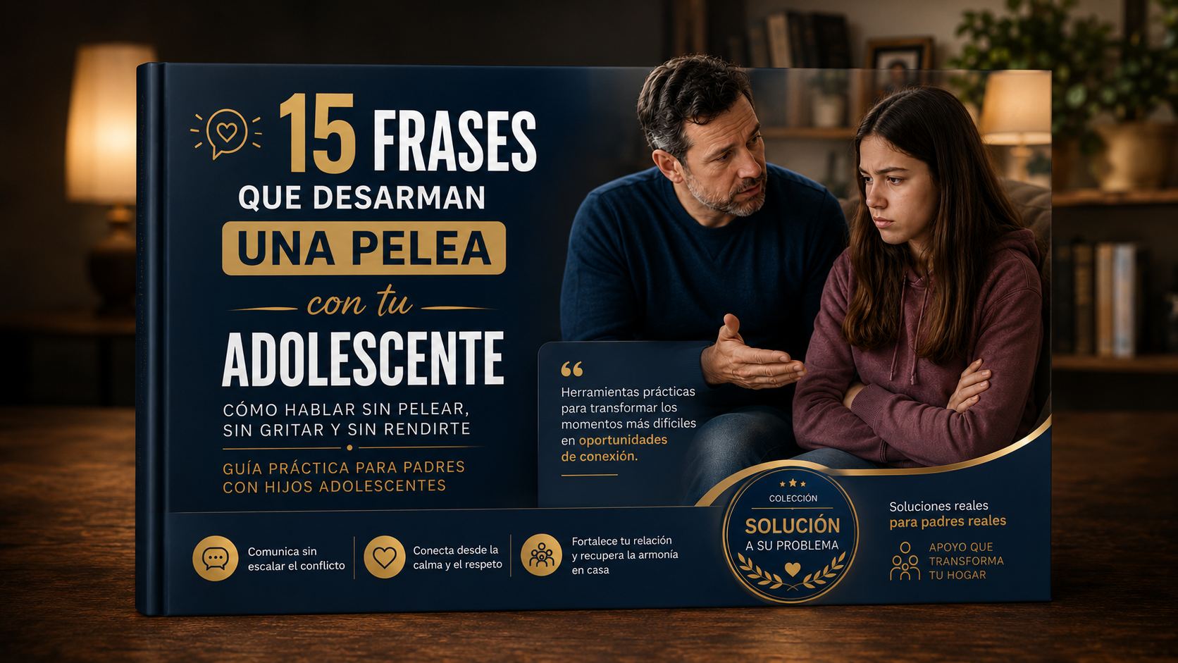 Portada del ebook 15 frases que desarman una pelea con tu adolescente, guía práctica para padres sobre comunicación efectiva, resolución de conflictos y fortalecimiento de la relación familiar.