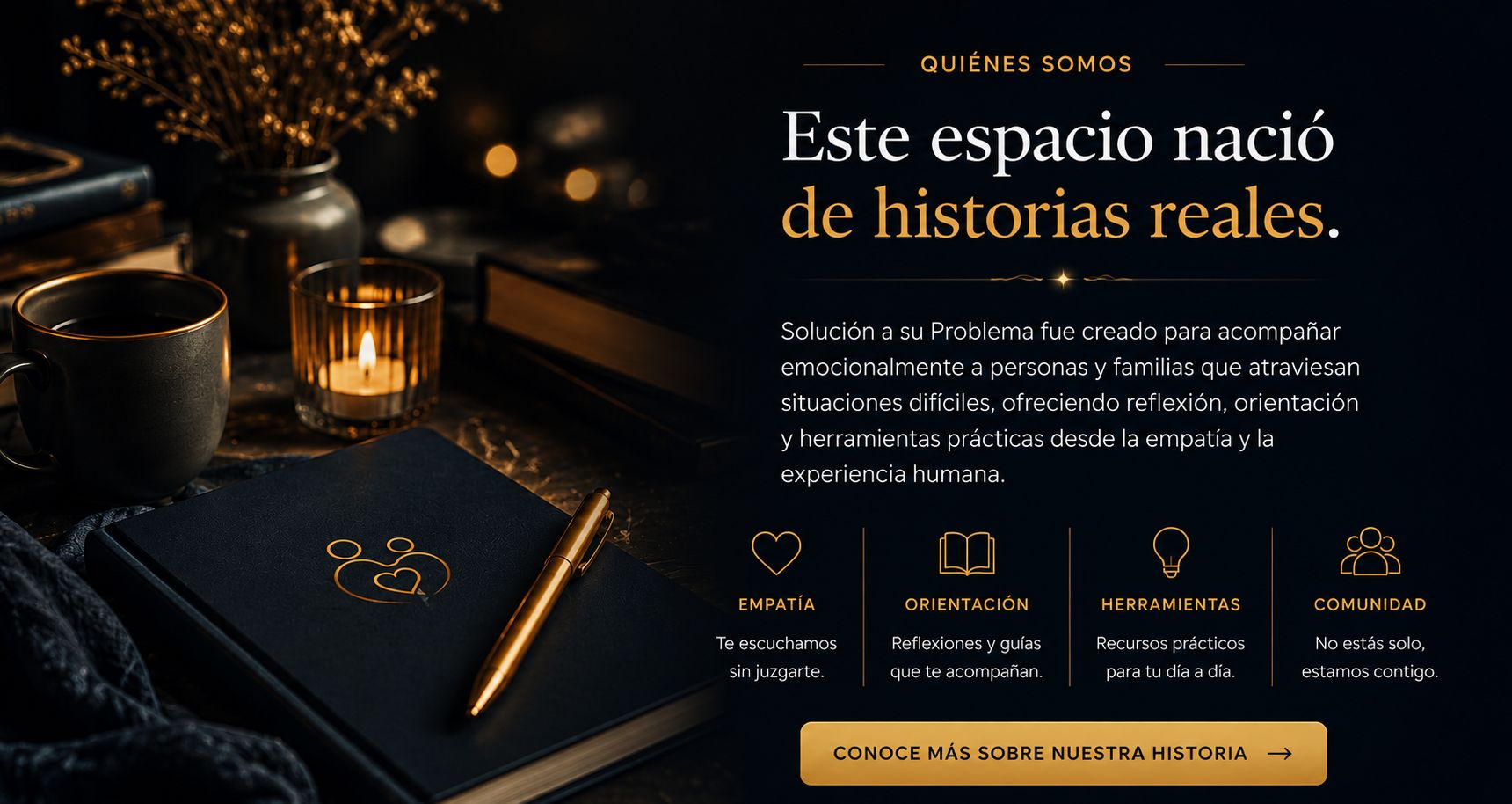 Banner Quiénes Somos de Solución a su Problema, espacio de orientación familiar con historias reales, herramientas prácticas, apoyo emocional y acompañamiento para padres y familias.