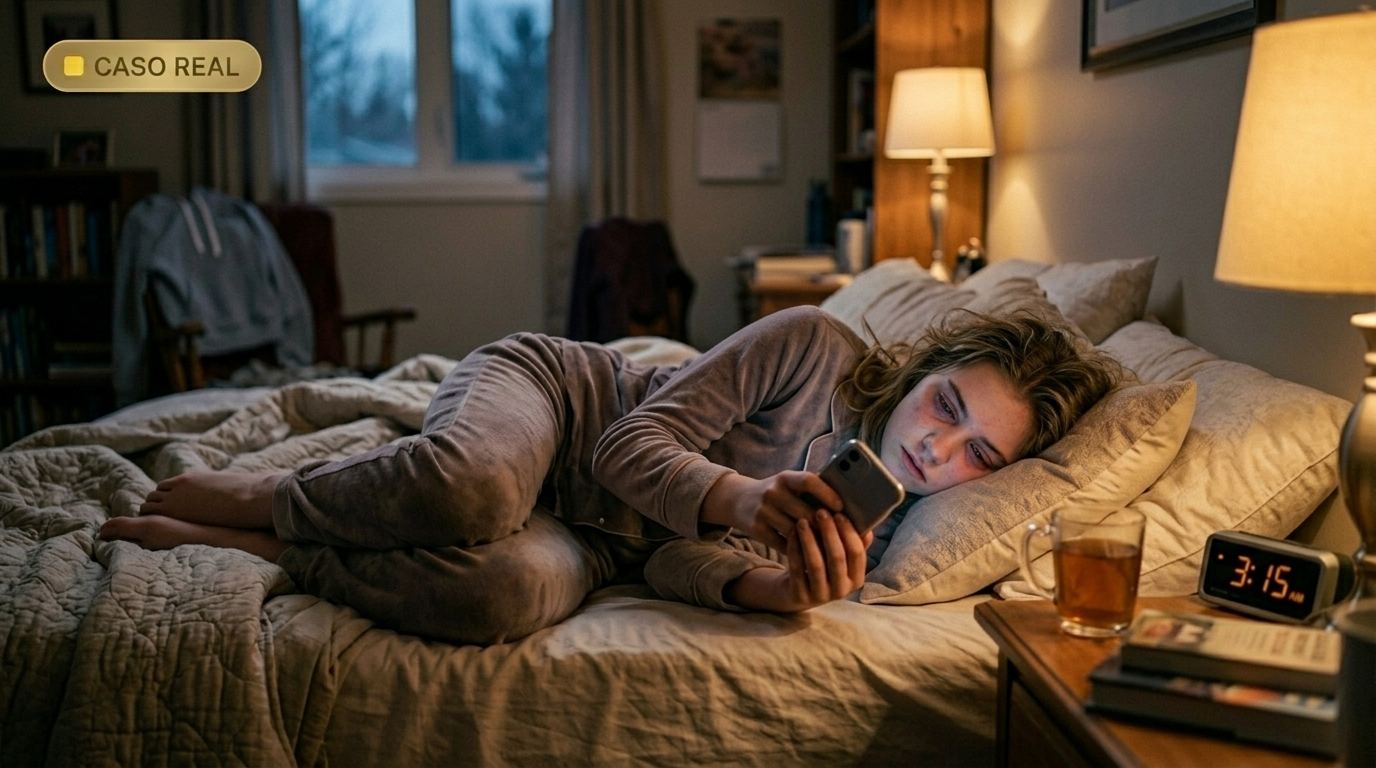 Adolescente usando el celular durante la madrugada en su habitación, imagen relacionada con el uso excesivo del teléfono móvil, adolescentes y redes sociales, y la preocupación de los padres.