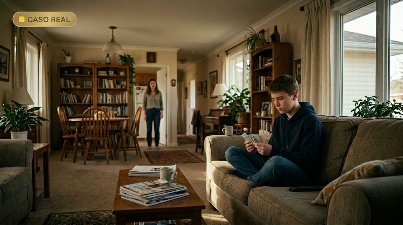 Adolescente sentado en una sala observando dinero en sus manos mientras una madre lo observa preocupada al fondo, imagen relacionada con problemas de conducta y orientación familiar para padres.