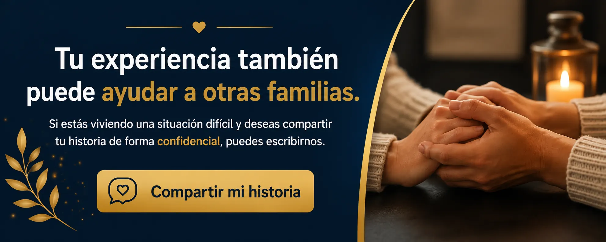 historias reales y Personas tomándose de las manos en un entorno de apoyo emocional, invitando a compartir historias familiares y experiencias personales de forma confidencial.