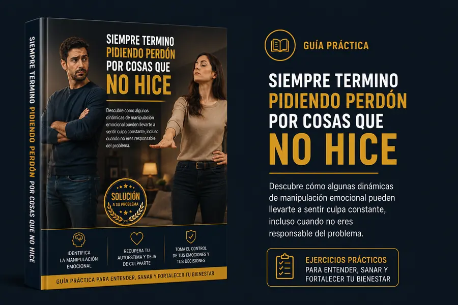 Mockup del ebook Siempre termino pidiendo perdón por cosas que no hice sobre manipulación emocional y culpa en la pareja.