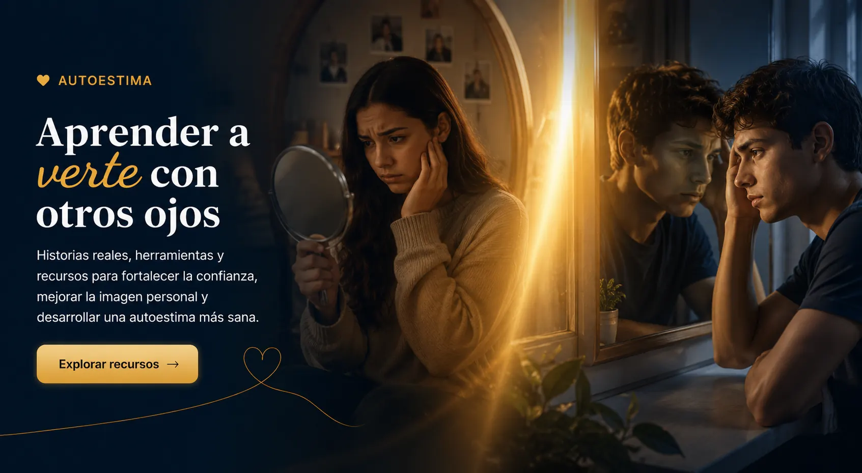 Autoestima juvenil: adolescente observando su reflejo mientras aprende a fortalecer su confianza e imagen personal.