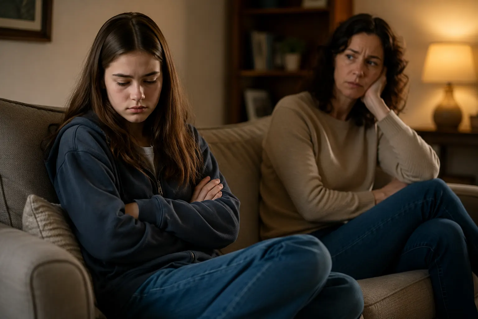 Madre preocupada observando a su hija adolescente durante un momento de distanciamiento emocional y dificultades de comunicación familiar. historias reales