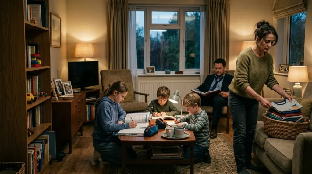Madre organizando las tareas del hogar mientras sus hijos estudian y su esposo permanece sentado. Imagen que representa la carga mental, el desgaste emocional y la distribución desigual de responsabilidades familiares.