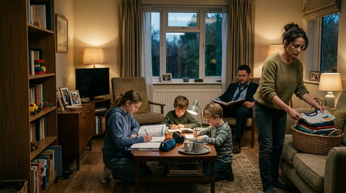 Madre organizando las tareas del hogar mientras sus hijos estudian y su esposo permanece sentado. Imagen que representa la carga mental, el desgaste emocional y la distribución desigual de responsabilidades familiares.