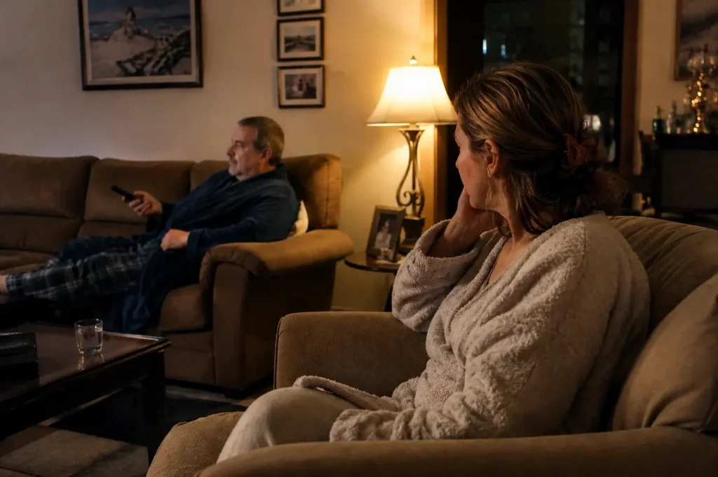 Mujer observa a su esposo mientras él mira televisión, reflejando la soledad emocional y la distancia afectiva dentro del matrimonio.