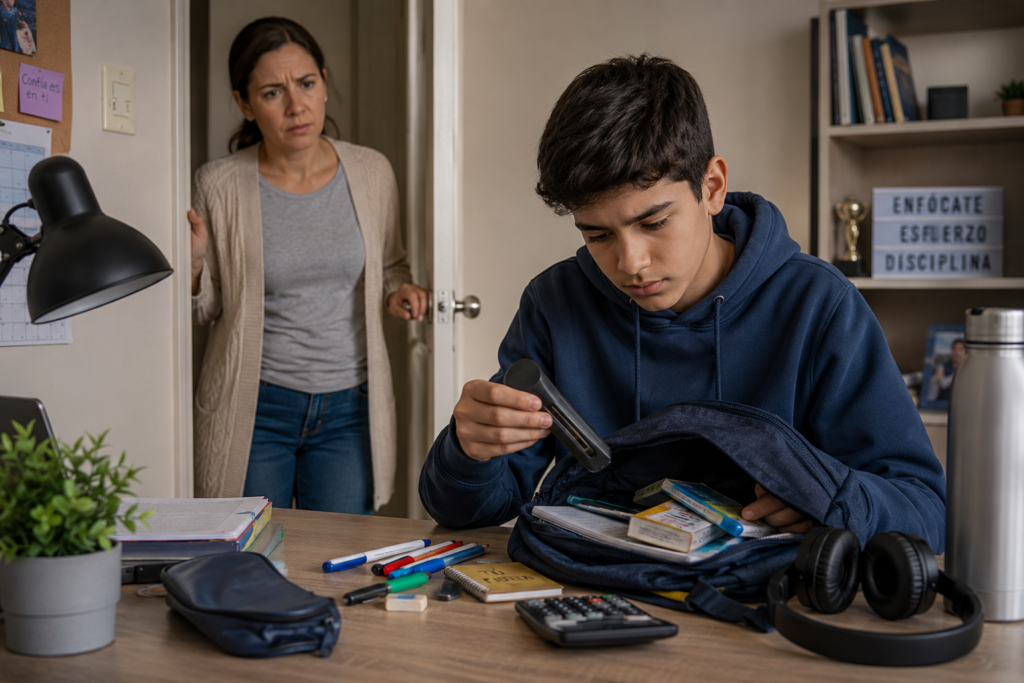 Madre preocupada observa a su hijo adolescente mientras revisa artículos escolares en casa, reflejando un conflicto familiar relacionado con la confianza y el comportamiento adolescente.