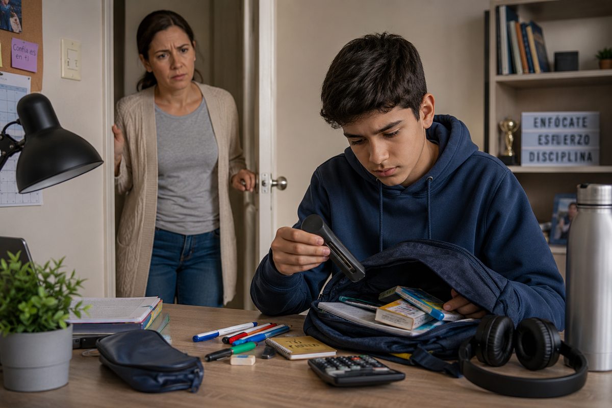 Madre preocupada observa a su hijo adolescente mientras revisa objetos dentro de su mochila en una habitación de estudio.