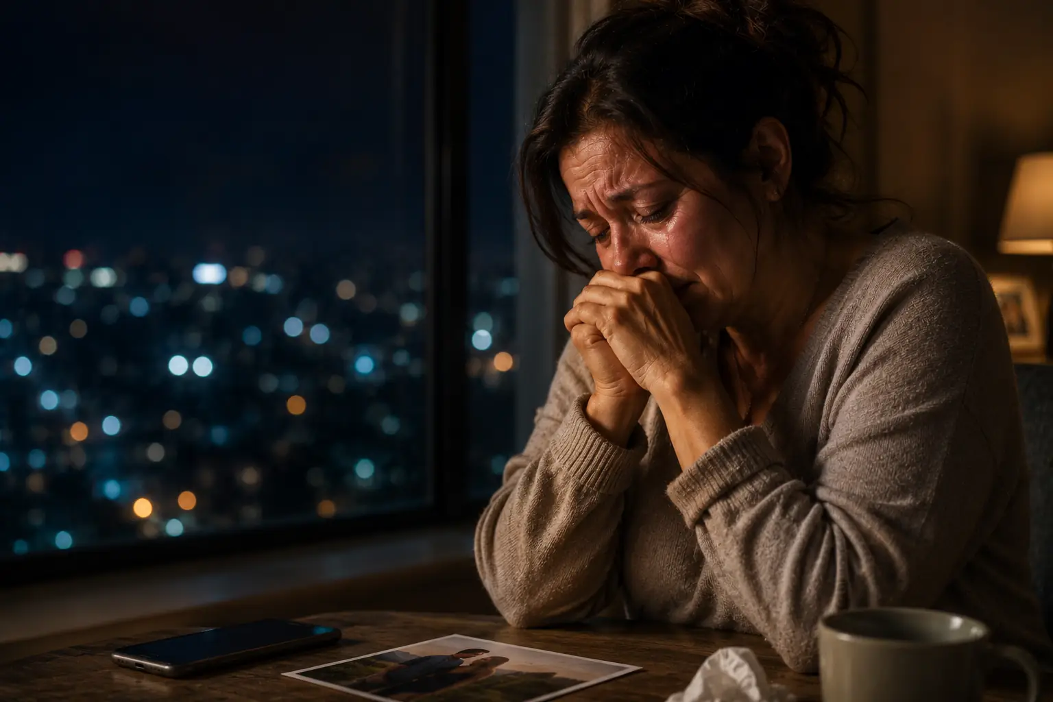 Mujer llorando de noche tras descubrir que su pareja decidió quedarse en Estados Unidos y casarse con otra mujer.