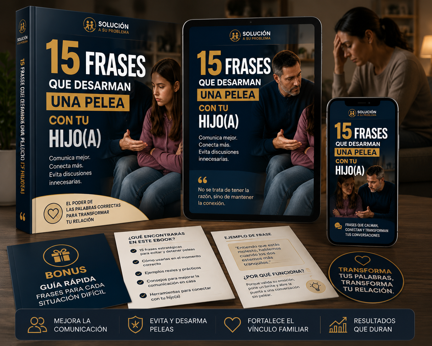 Mockup del ebook 15 Frases Que Desarman Peleas Con Tu Hijo(a)