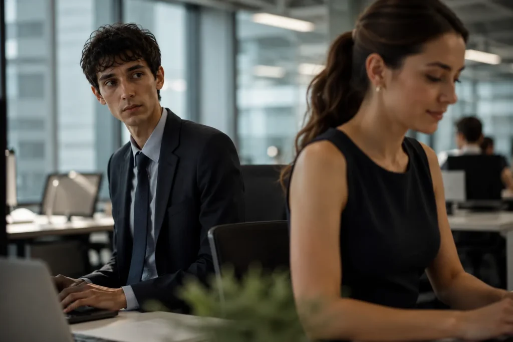 Joven extremadamente delgado observando a una compañera de trabajo mientras enfrenta inseguridades relacionadas con su autoestima y apariencia física.