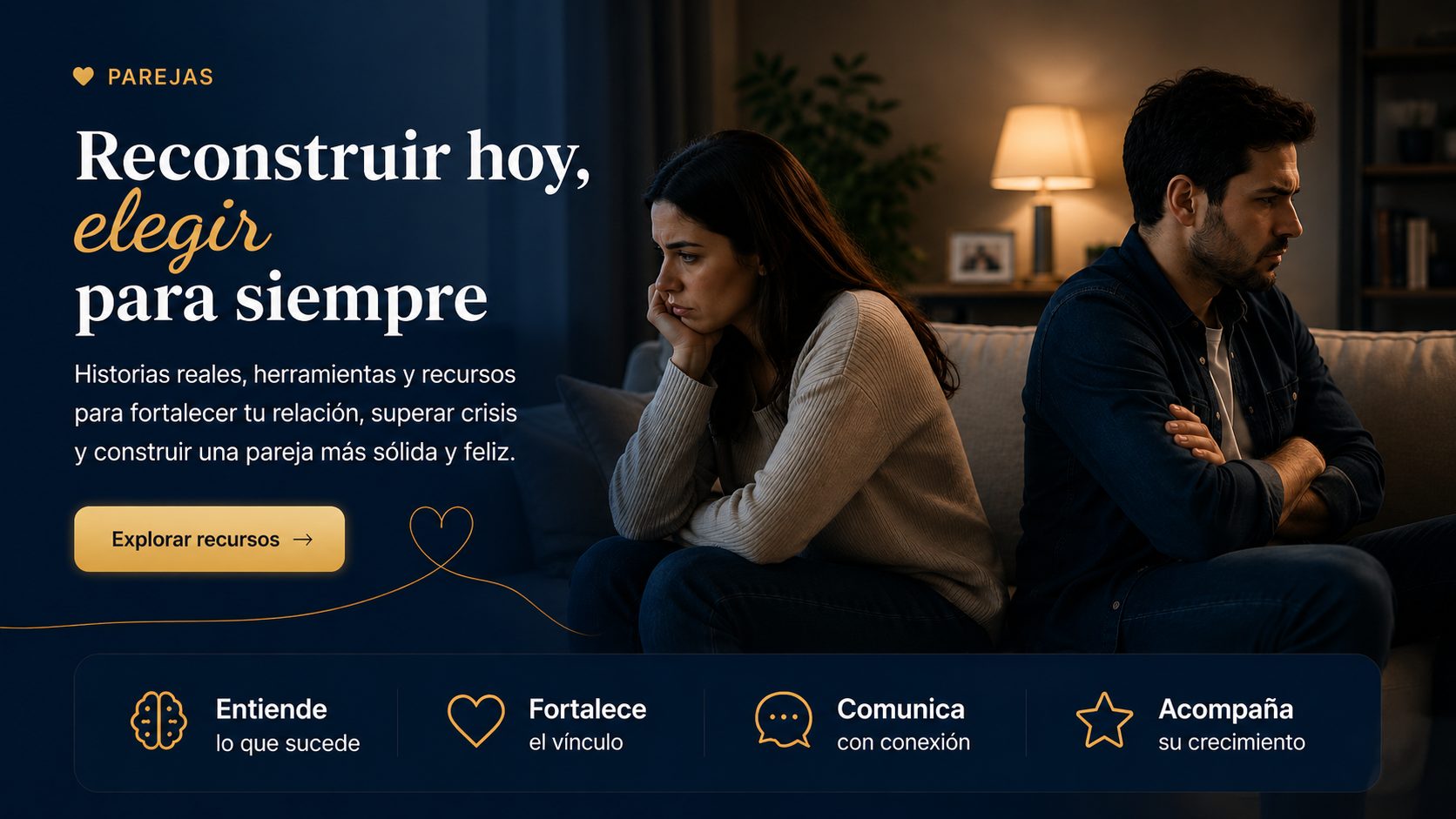 Pareja atravesando una crisis de relación mientras busca herramientas para mejorar la comunicación y fortalecer el vínculo.