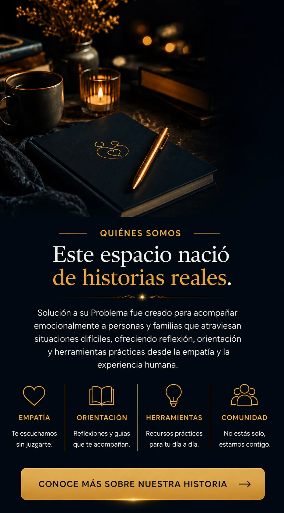 Sección Quiénes Somos de Solución a su Problema, espacio creado para acompañar a familias con historias reales, orientación emocional y recursos prácticos para afrontar situaciones difíciles.