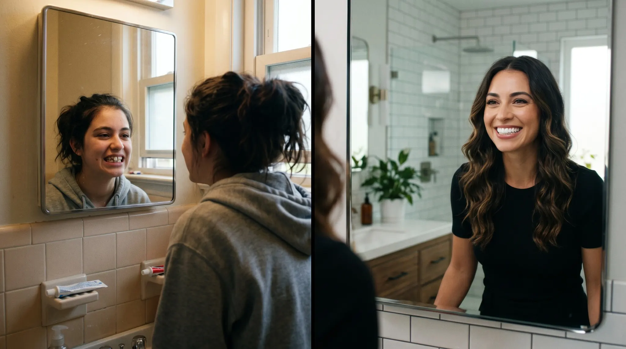 Antes y después de una mujer que superó el problema de dientes torcidos y recuperó la confianza para sonreír.