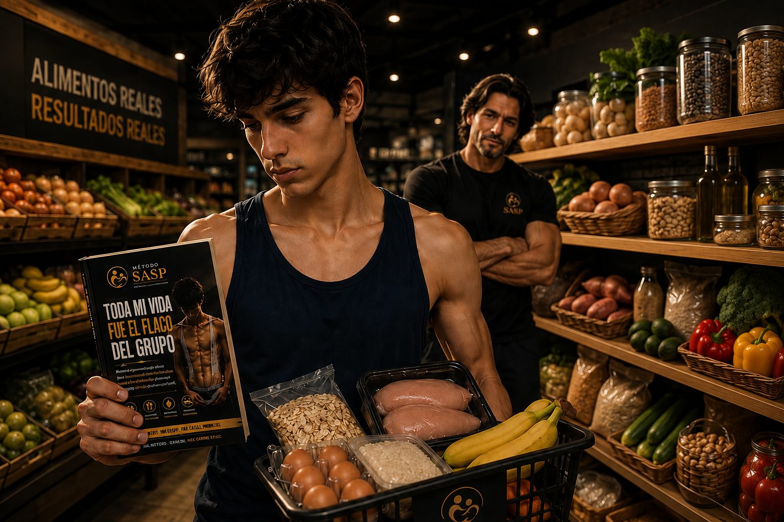 Joven ectomorfo comprando alimentos naturales para ganar masa muscular mientras aprende el Método SASP junto a su entrenador.