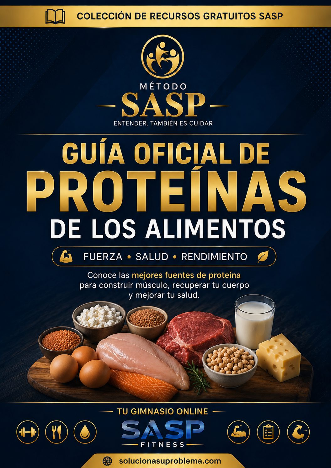Portada de la Guía SASP de Proteínas para Ganar Masa Muscular con alimentos ricos en proteínas, contenido proteico por porción y recomendaciones para desarrollar masa muscular de forma inteligente.