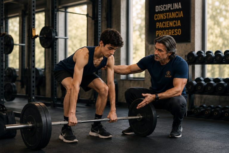 Entrenador enseñando la técnica correcta de un ejercicio con barra a un joven ectomorfo para ganar masa muscular de forma segura.