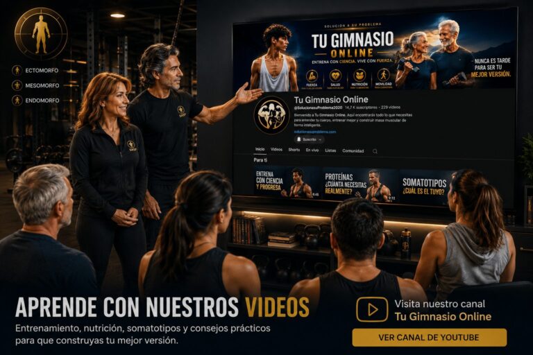 Martín y Moni presentan el canal de YouTube Tu Gimnasio Online con videos gratuitos sobre entrenamiento, nutrición, somatotipos, desarrollo muscular y consejos para ganar masa muscular con el Método SASP.