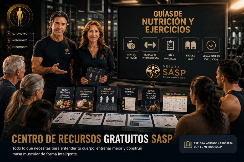 Martín y Moni presentan el Centro de Recursos Gratuitos del Método SASP con guías de nutrición, ejercicios, descargables, tablas de somatotipos y material educativo para ganar masa muscular de forma inteligente.