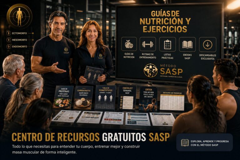 Martín y Moni presentan el Centro de Recursos Gratuitos del Método SASP con guías de nutrición, ejercicios, descargables, tablas de somatotipos y material educativo para ganar masa muscular de forma inteligente.