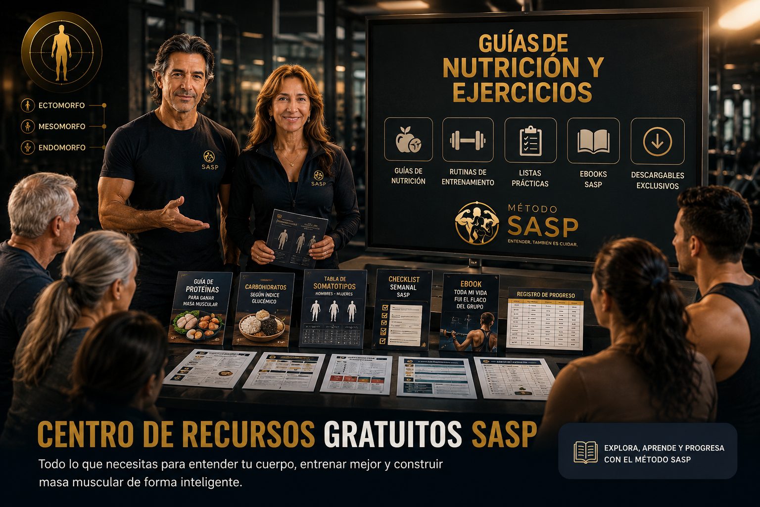 Martín y Moni presentan el Centro de Recursos Gratuitos del Método SASP con guías de nutrición, ejercicios, descargables, tablas de somatotipos y material educativo para ganar masa muscular de forma inteligente.