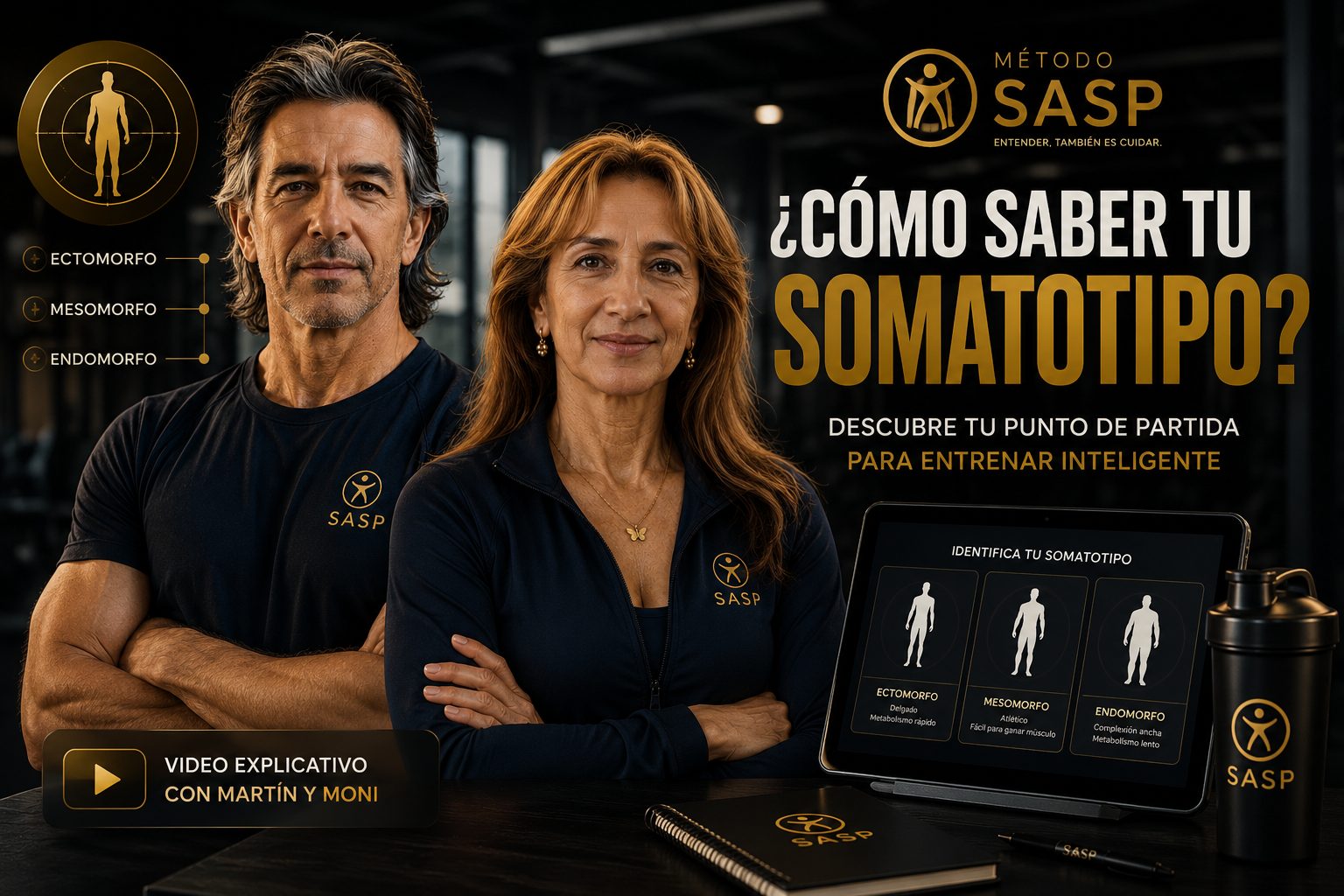 Martín Pabón y Móni explicando cómo identificar tu somatotipo (ectomorfo, mesomorfo o endomorfo) para entrenar y ganar masa muscular con el Método SASP.