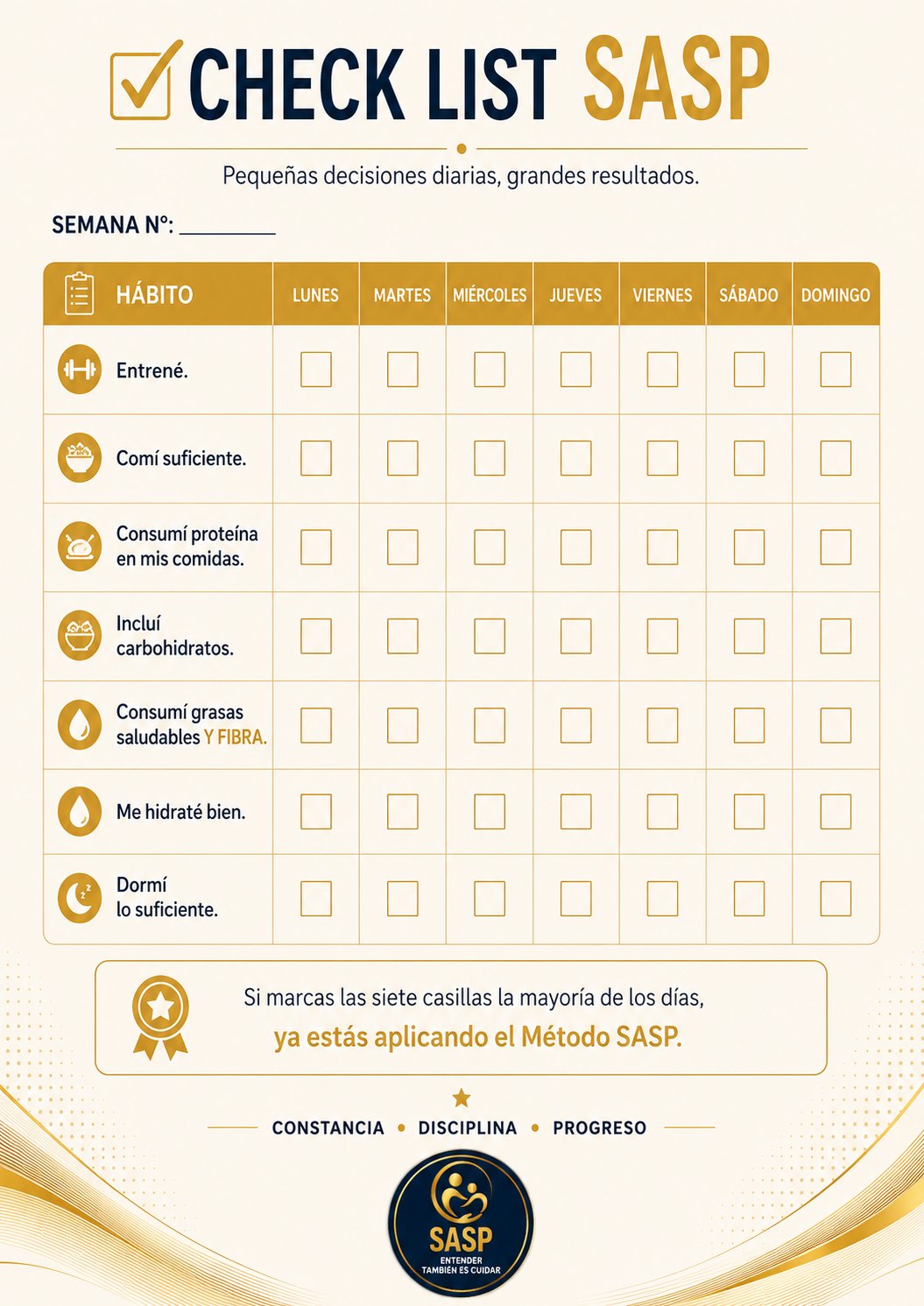 Checklist SASP semanal para registrar entrenamiento, alimentación, proteínas, carbohidratos, hidratación y descanso.
