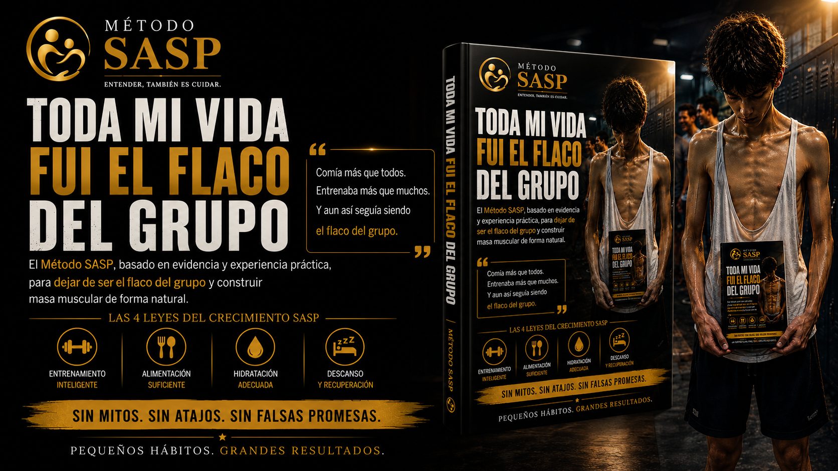 Mockup del libro "Toda mi vida fui el flaco del grupo", guía para ectomorfos que desean ganar masa muscular con el Método SASP.