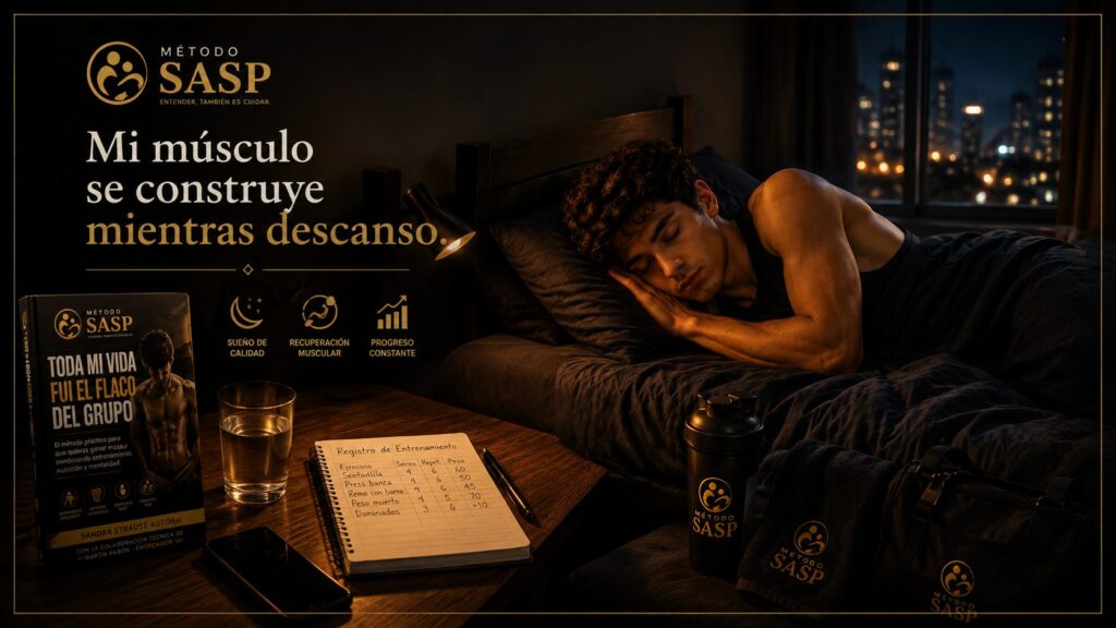 Joven ectomorfo descansando después del entrenamiento junto al libro Toda mi vida fui el flaco del grupo, representando la recuperación muscular del Método SASP para ganar masa muscular.